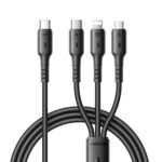 Juodas Joyroom S-A61 kabelis su keturiais jungtimis: du USB-C, Lightning ir Micro USB