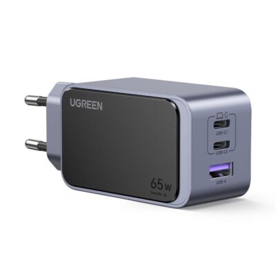 Pilkas įkroviklis Ugreen X553 GaN 65W su 2x USB-C ir USB-A prievatais