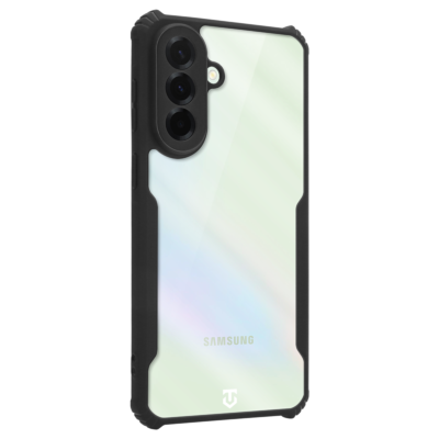 Skaidrus juodas dėklas Tactical Quantum Stealth Samsung Galaxy A37, matomas kamerų modulis su trimis objektyvais ir juodas apsauginis rėmas.