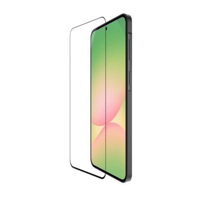 Juodas apsauginis stiklas Nillkin Tempered Glass 2.5D CP+ PRO šalia Samsung Galaxy A57 ekrano