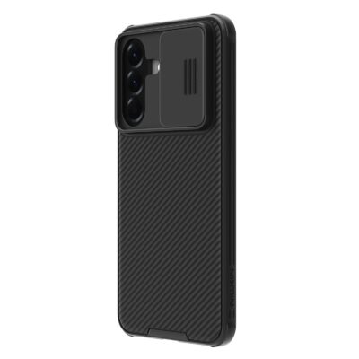 Juodas Nillkin Camshield dékl as Samsung Galaxy A57 su kamerų blokeliu ir apsauginiu rėmeliu