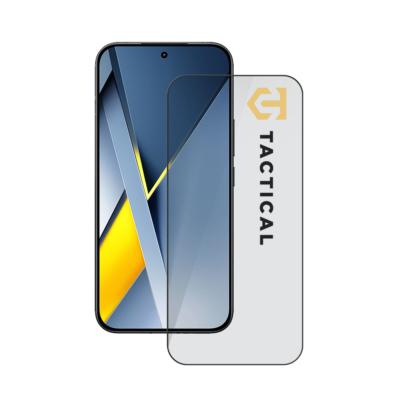 Juodas Xiaomi Poco F8 Ultra telefonas su Tactical Glass Shield 5D apsauginiu stiklu, matomu kampu ir rėmeliu.