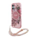 Rausvas originalus dėklas Guess IML Flowers Strap MagSafe telefonui Apple Iphone 16 Plus