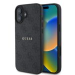 Juodas dėklas Guess PU 4G Classic Logo MagSafe telefonui Apple iPhone 16 Plus