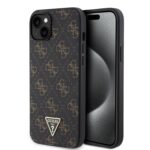 Juodas dėklas Guess PU 4G Triangle Metal Logo telefonui Apple iPhone 15 Plus
