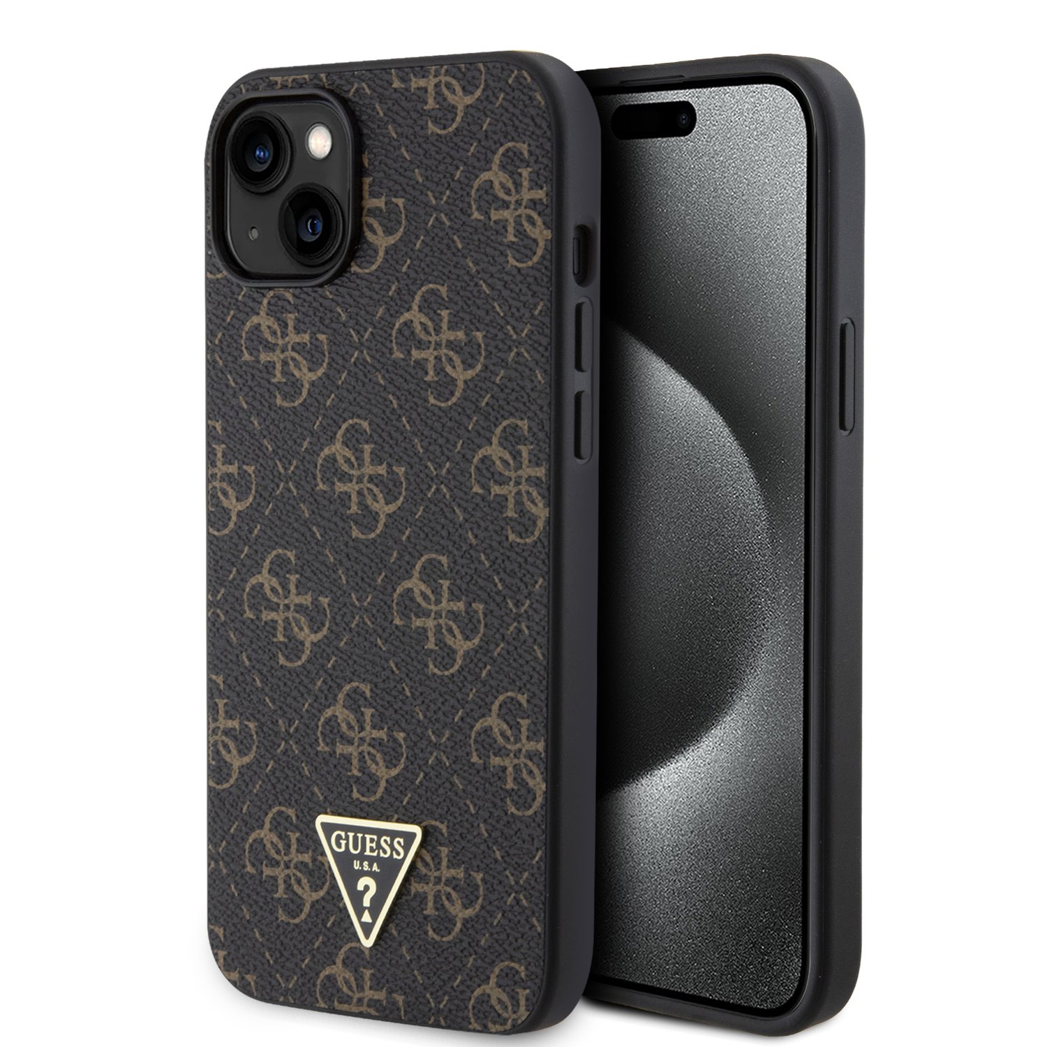 Juodas dėklas Guess PU 4G Triangle Metal Logo telefonui Apple iPhone 15 Plus Juodas dėklas Guess PU 4G Triangle Metal Logo telefonui Apple iPhone 15 Plus - Image 1