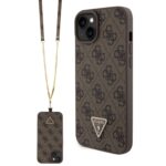 Rudas originalus dėklas Guess PU 4G Strass Triangle Metal Logo Case + Crossbody Strap telefonui Apple iPhone 15 Plus