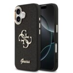 Juodas originalus dėklas Guess PU Fixed Glitter 4G Metal Frame telefonui Apple iPhone 17