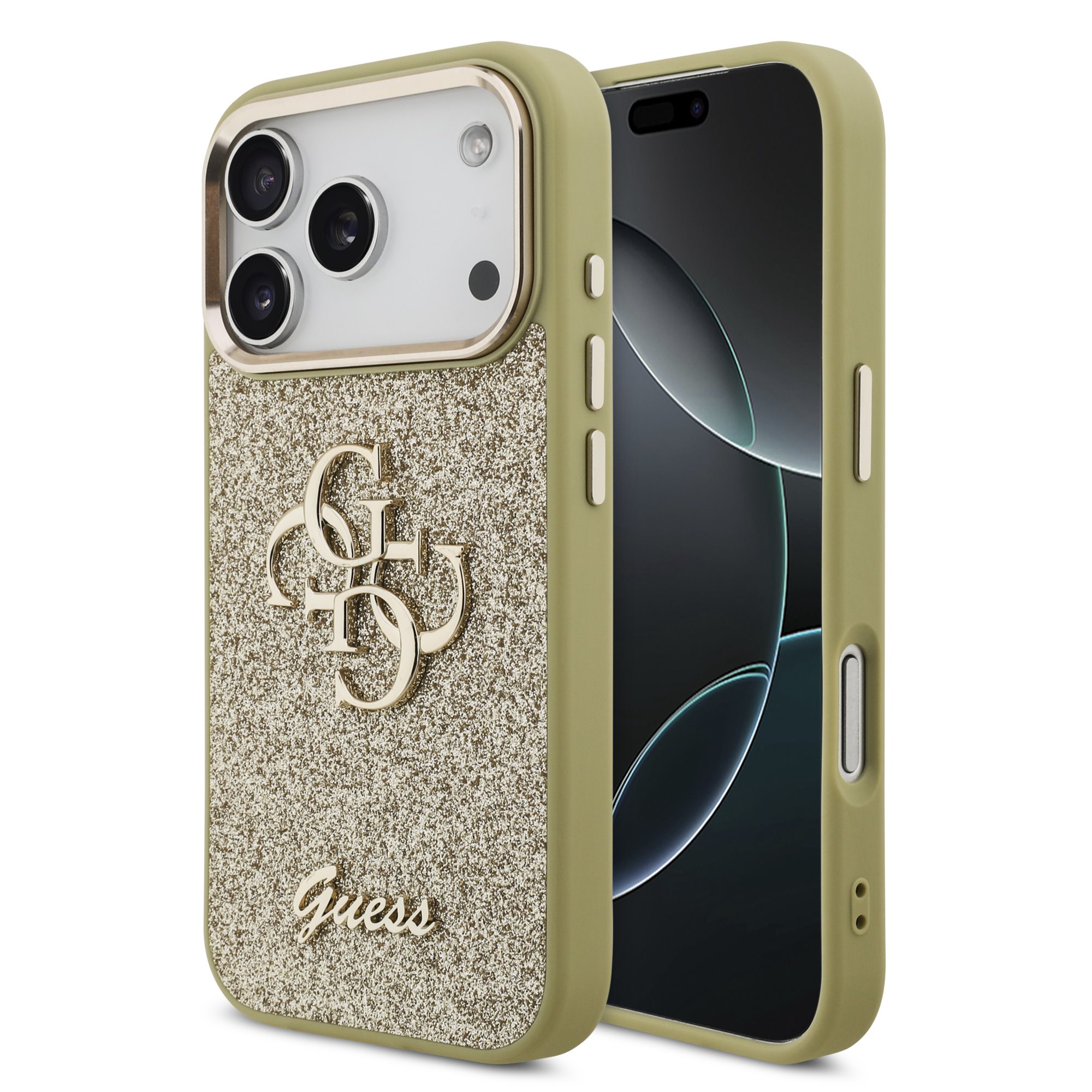 Auksinis originalus dėklas Guess PU Fixed Glitter 4G Metal Frame telefonui Apple iPhone 17 Pro Auksinis originalus dėklas Guess PU Fixed Glitter 4G Metal Frame telefonui Apple iPhone 17 Pro - Image 1