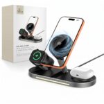 Juodas belaidis pakrovėjas TECH-PROTECT A51 ARCTICBOOST 3IN1 MAGNETIC MAGSAFE WIRELESS CHARGER 25W su telefonu ir ausinėmis
