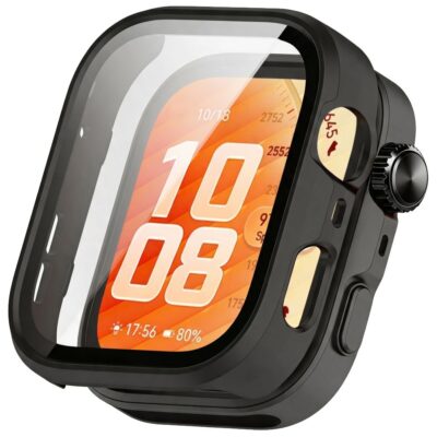 Juodas dėklas Huawei Watch Fit 5 Pro su apsauginiu stiklu ekrane ir mygtukais
