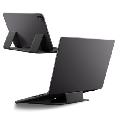 Pilkas kompiuterio stovas SPIGEN LD201-S8 slimfold laptop ir tablet stand su planšete ir nešiojamuoju kompiuteriu