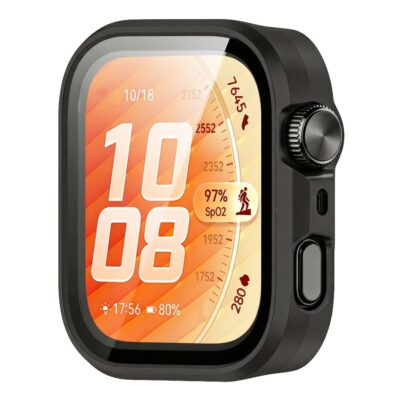 Juodas dėklas Huawei Watch Fit 5 Pro gerai matomas iš šono su apvalintais kampais