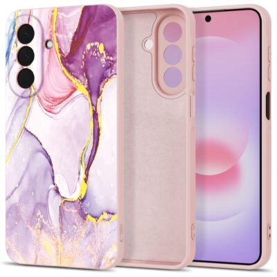 Marmurinis dėklas Samsung Galaxy A27 5G Tech-Protect Icon su violetinėmis ir geltonomis marmuro raštais
