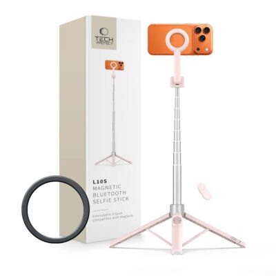 Rausva-pilka asmenukių lazda TECH-PROTECT L10S MAGSAFE BLUETOOTH SELFIE STICK TRIPOD su oranžiniu telefonu ir nuotolinio valdymo pulteliu