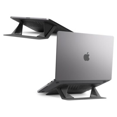 Pilkas kompiuterio stovas SPIGEN LD201-S6 SLIMFOLD LAPTOP STAND su nešiojamuoju kompiuteriu