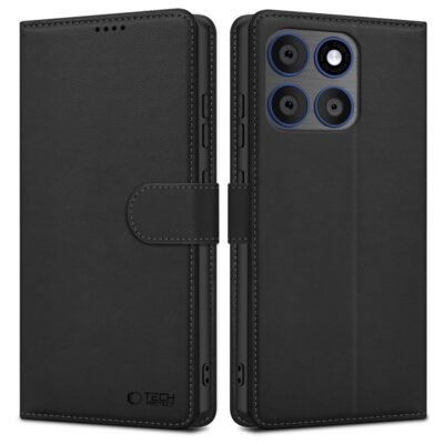 Juodas atverčiamas dėklas Motorola Edge 70 5G Tech-Protect Wallet su apsauga ir kamerų anga