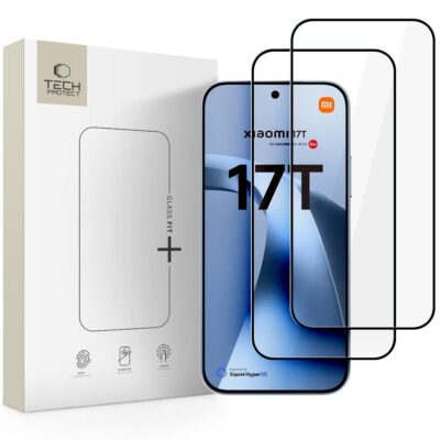 Juodas apsauginis ekrano stikliukas Xiaomi 17T TECH-PROTECT GLASS FIT+ 2-PACK su aiškia apsaugine danga ir juodu rėmeliu