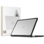 Juodas-skaidrus dėklas MACBOOK NEO 13 2026 Tech-Protect Velar ant sidabrinio nešiojamojo kompiuterio