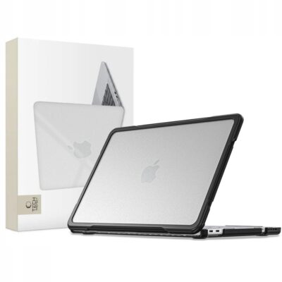 Juodas-skaidrus dėklas MACBOOK NEO 13 2026 Tech-Protect Velar ant sidabrinio nešiojamojo kompiuterio