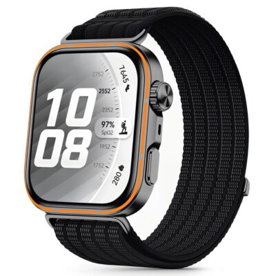 Juoda apyrankė HUAWEI WATCH FIT 3 Tech-Protect Nylon su ryškiu oranžiniu rėmeliu aplink laikrodžio ekraną