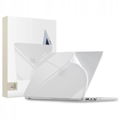 Skaidrus Tech-Protect Softshell deklas MacBook Air 15 M2-M5 2023-2026, matomas skaidrus paviršius ir pakuotė.