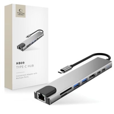 Pilkas adapteris TECH-PROTECT HB09 HUB ADAPTER 8IN1 su įvairiais prievadais, įskaitant USB ir HDMI