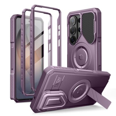 Violetinis dėklas Samsung Galaxy S26 Ultra Tech-Protect Kevlar Magsafe su stovu ir papildomais apsauginiais rėmeliais