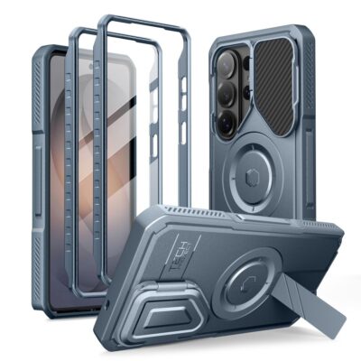 Mėlynas dėklas Samsung Galaxy S26 Ultra Tech-Protect Kevlar Magsafe su integruotu stovu ir apsauga kamerai