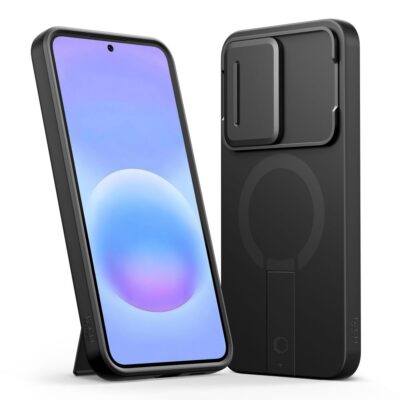 Juodas-oranzinis dekla samsung galaxy a57 tech-protect kevlar aura magsafe telefone ir is nugaros vaizdas