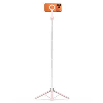 RAUSVA-PILKA asmenukių lazda TECH-PROTECT L10S MAGSAFE BLUETOOTH SELFIE STICK TRIPOD su oranžiniu telefonu rankoje