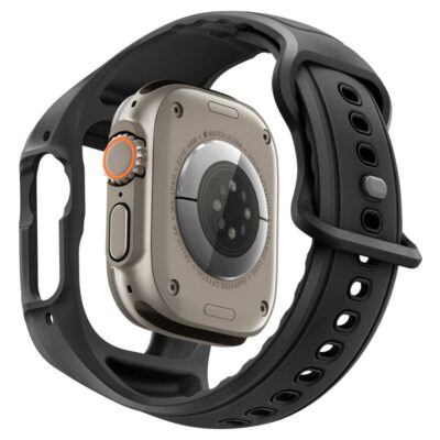 Juodas dėklas su apyranke Apple Watch Ultra 1 2 3 49mm SPIGEN LIQUID AIR PRO ir TEMPERED GLASS matomas iš nugarėlės puse