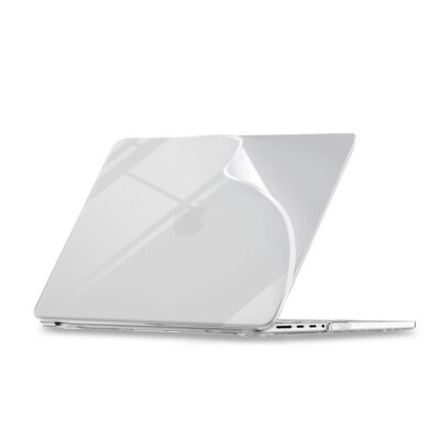 Skaidrus dėklas MacBook Pro 14 - matomas Apple logotipas per skaidrią dangą