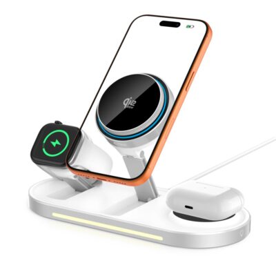 Baltas belaidis pakrovėjas TECH-PROTECT A51 ARCTICBOOST 3IN1 MAGNETIC MAGSAFE WIRELESS CHARGER 25W QI2.2 su telefonų ir ausinių įkrovikliais
