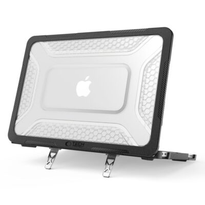 Juodas-skaidrus dėklas MACBOOK NEO 13 2026 su kvaralio raštu ir Tech-Protect logotipu