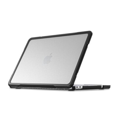 Juodas skaidrus dėklas MacBook Neo 13 2026 modeliui su matine nugarėle ir juodais kampais