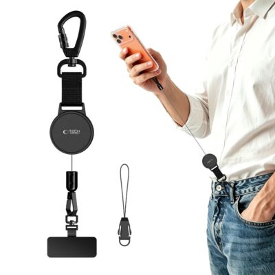 Juodas raktu pakabukas TECH-PROTECT URBANLOOP ANTI-THEFT HOLDER su karabinu ir tvirtinimo detalemis