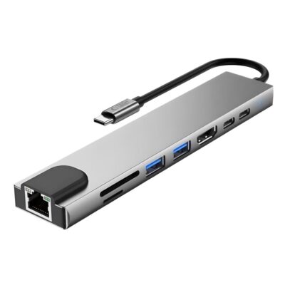 Pilkas adapteris TECH-PROTECT HB09 HUB ADAPTER 8IN1 su įvairiais jungtimis, įskaitant USB-A3.0, HDMI ir RJ45