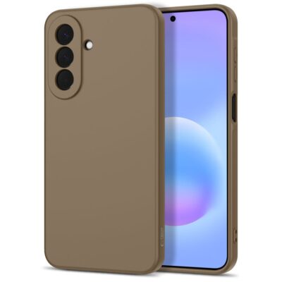 Rudas dėklas Samsung Galaxy A27 5G uždengia nugarą ir šonus, matomas kameros modulis ir aiškus ekranas.