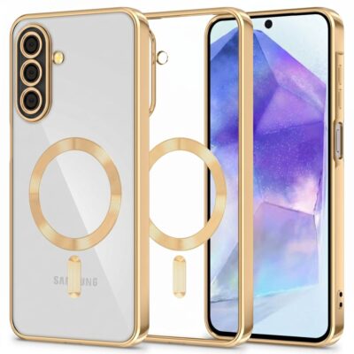 Auksinis dėklas Samsung Galaxy A27 5G su skaidria nugarėle ir dideliu žiediniu laikikliu