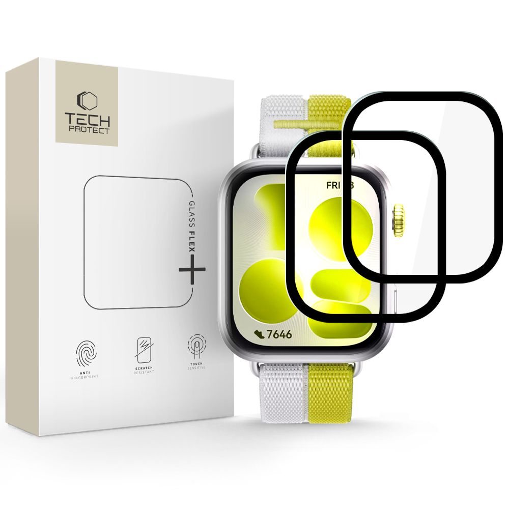 Juodas apsauginis stiklas Huawei Watch 5 Fit TECH-PROTECT GLASS FLEX+ 2-PACK Juodas apsauginis stiklas Huawei Watch 5 Fit TECH-PROTECT GLASS FLEX+ 2-PACK pakuotė ir laikrodis šalia