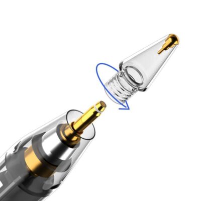 Skaidrūs rašyklių antgaliai TECH-PROTECT STYLUS TIPS 4-Pack Apple Pencil artimas vaizdas su aukso spalvos metaliniais galais