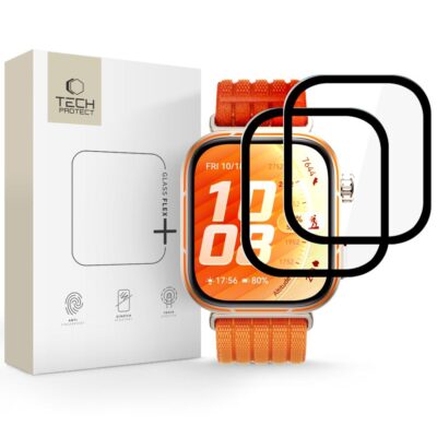 Juodas apsauginis stiklas Huawei Watch 5 Fit Pro TECH-PROTECT GLASS FLEX+ 2-PACK matomas šalia baltos dėžutės