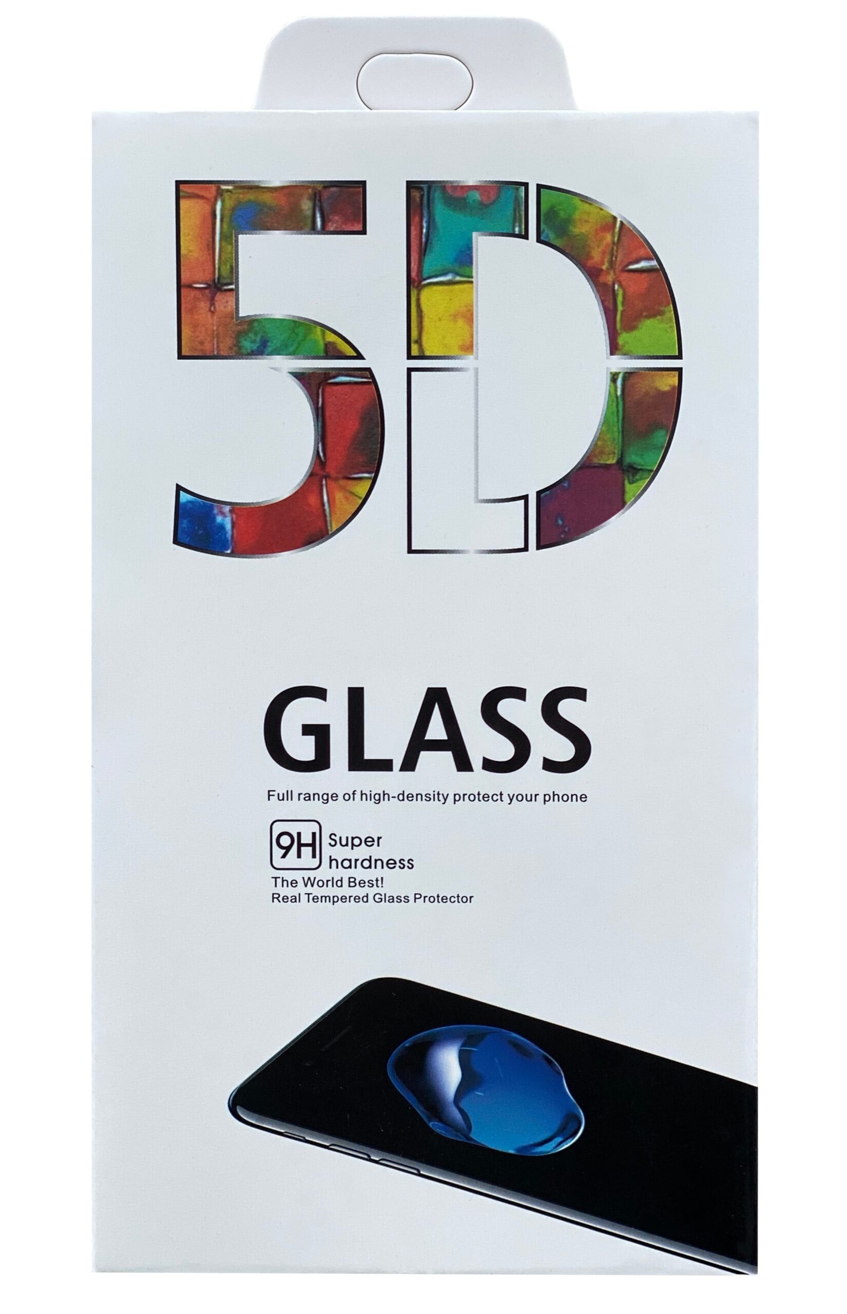 5D Full Glue juodas apsauginis ekrano stikliukas Xiaomi Redmi A7 Pro 4G 5G 5D Full Glue juodas apsauginis ekrano stikliukas Xiaomi Redmi A7 Pro 4G 5G pakuotės priekinė dalis su spalvotu 5D tekstu ir juodu telefonu