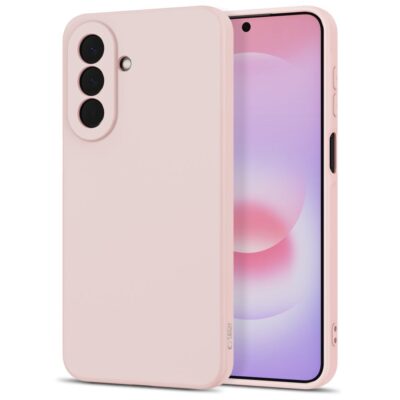 Rausvas Samsung Galaxy A27 5G dėklas su trimis kamerų išpjovomis, matomas nugaros ir šono vaizdas.