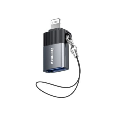 Remax CB32 Lightning iki USB-A OTG adapteris su raktų kilpa, sidabro pilko korpuso ir juodu viršumi