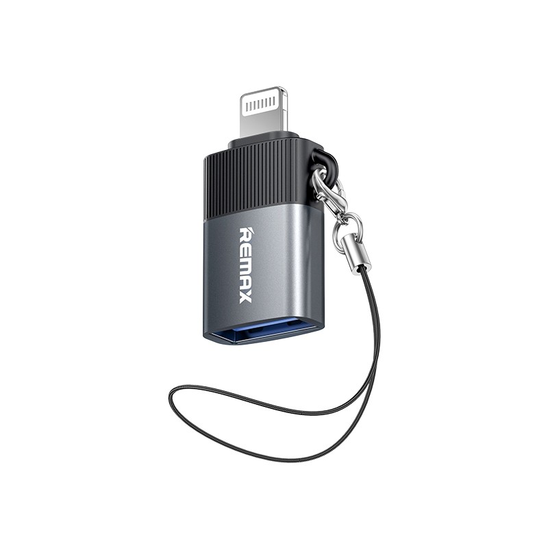 Adapteris Remax CB32 Lightning to USB-A (USB2.0) OTG Remax CB32 Lightning iki USB-A OTG adapteris su raktų kilpa, sidabro pilko korpuso ir juodu viršumi