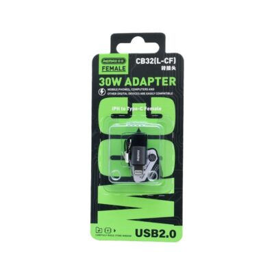 Adapteris Remax CB32 Lightning to USB-C USB2.0 - juodas adapteris įpakavime su žalia pakuote