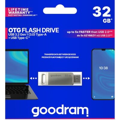 Atmintinė Goodram ODA3 32GB OTG USB 3.0 + Type-C sidabrinės spalvos metalinis USB atmintukas su 32GB talpa
