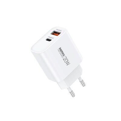 Baltas įkroviklis Remax RP-U120 su USB-C ir USB-A jungtimis.